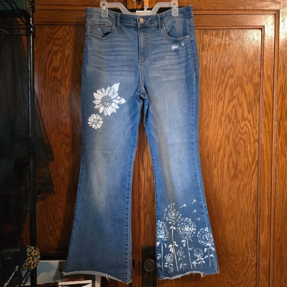 HANDCRAFTED Upcycled Denim Jeans HANDPAINTED Bell Bottoms Floral Design Size 14